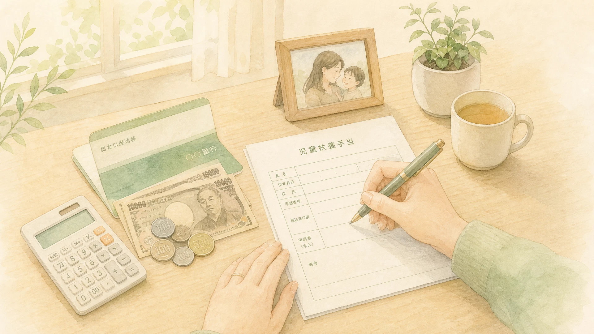 児童扶養手当のイメージイラスト — 申請書類と通帳