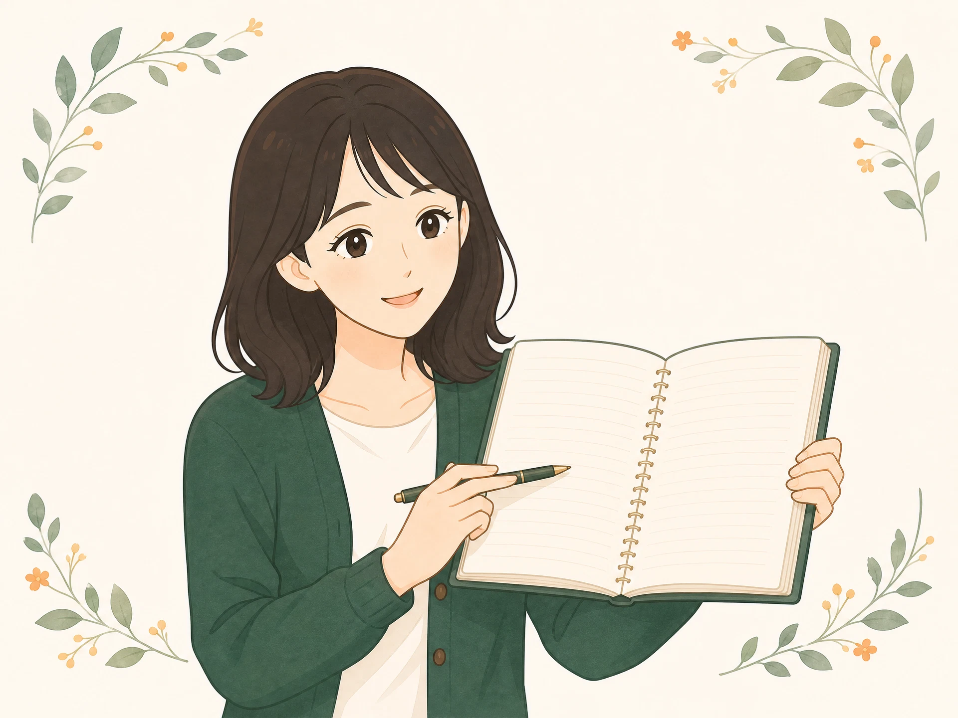 手帳を開いて案内するこはる