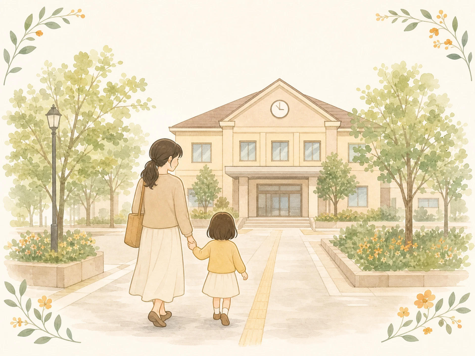 市役所へ向かう親子