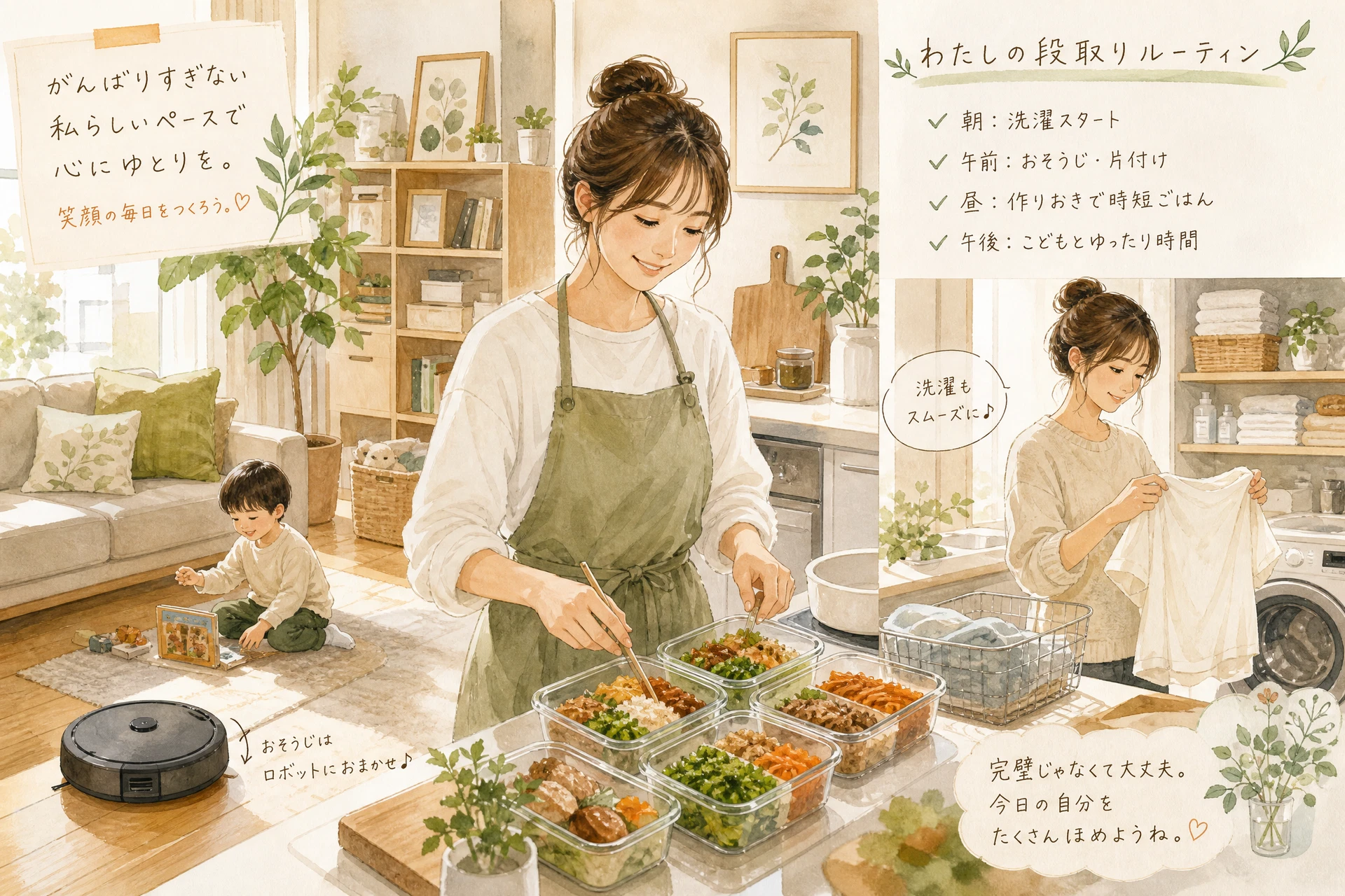 シングルマザーの時短家事・生活の工夫のイメージイラスト