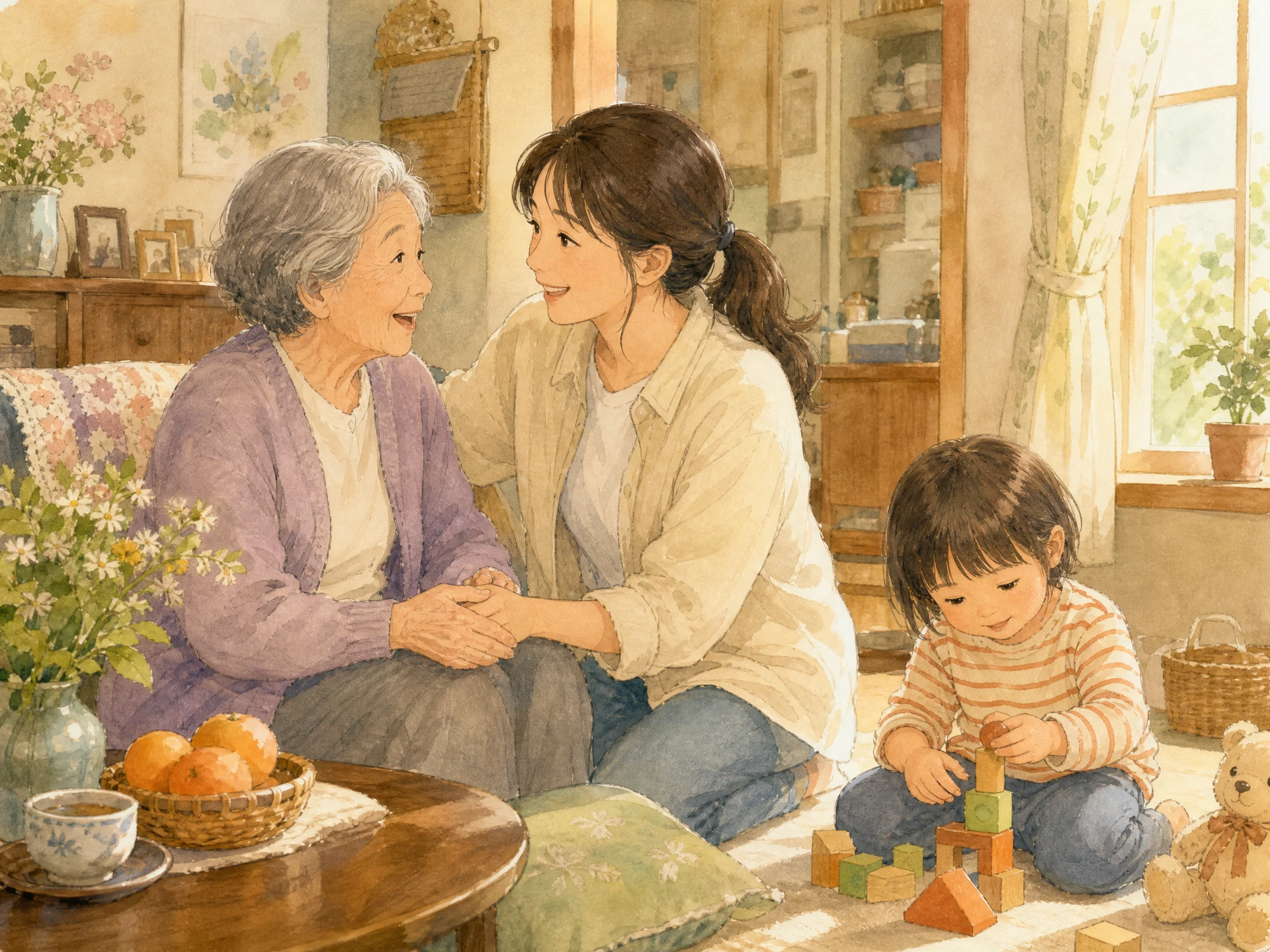 シングルマザーの親の介護のイメージイラスト